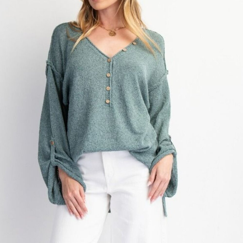 NEW Easel V-Neckline Knit Button Detail Sweater In Teal Green